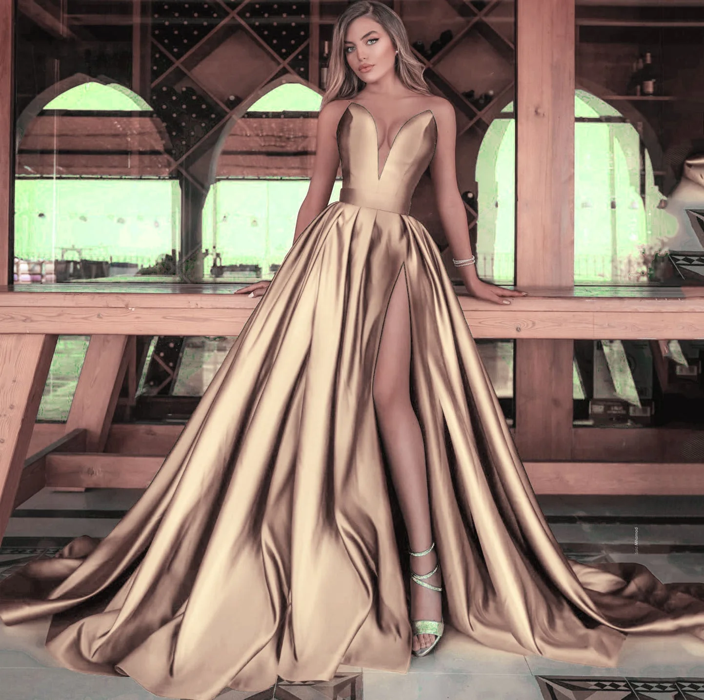 Damen A-Linien Maxikleid mit Tiefem V-Ausschnitt und Elegantem Schlitz Heidi-Mode - Image 5