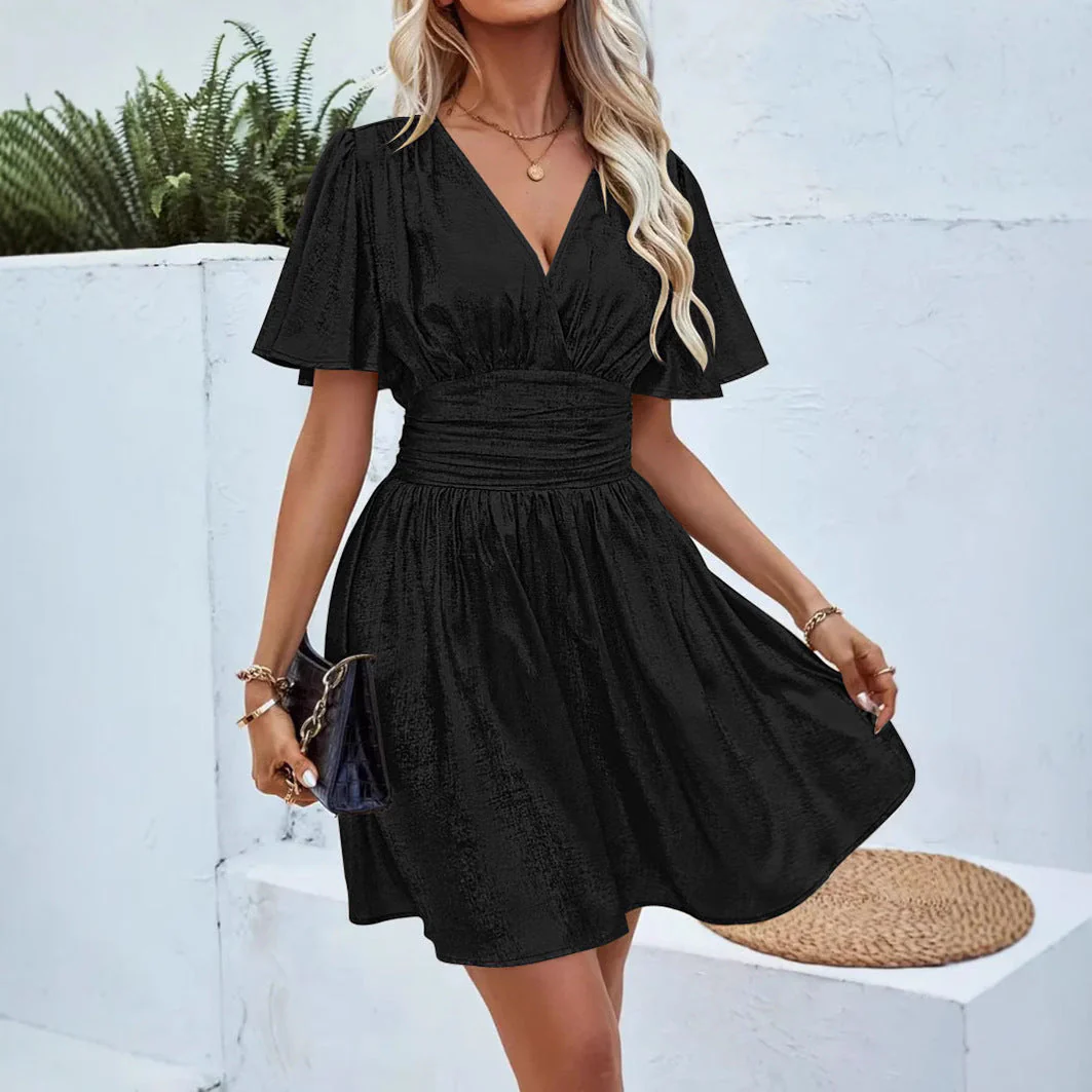 Damen Abendkleid mit Schimmerndem V-Ausschnitt und Voluminösen Ärmeln Heidi-Mode