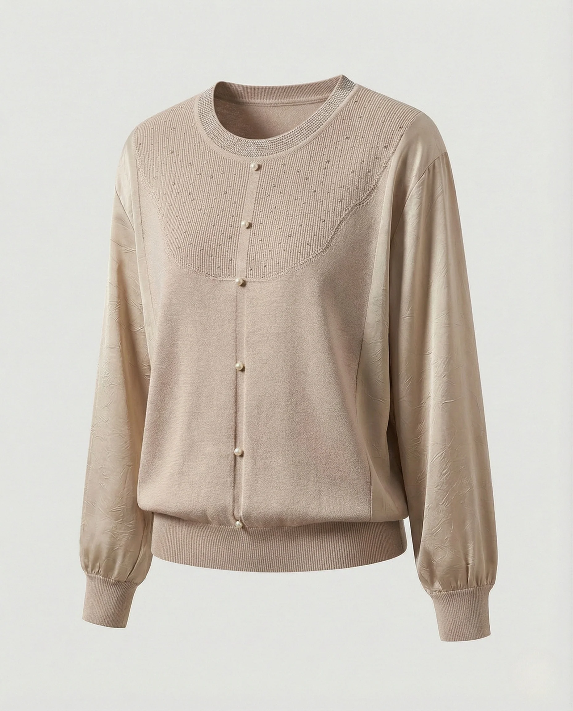 Damen Activewear fein gestrickte Rundhalsbluse mit Satinärmeln und Perlendekor sowie Zierknopfleiste Heidi Mode - Image 6