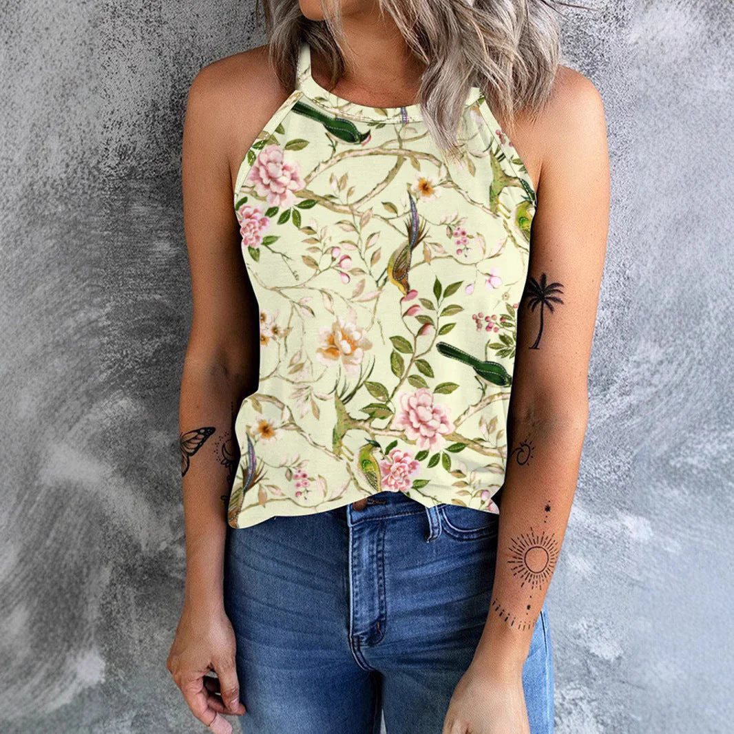 Damen Ärmelloses Blumenshirt mit Hohem Kragen Heidi-Mode