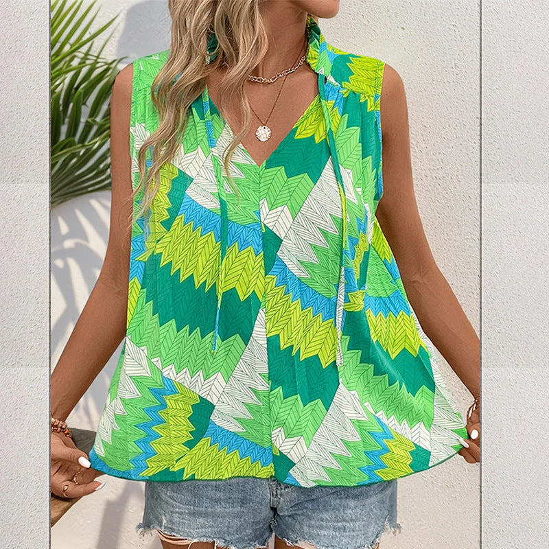 Damen Ärmelloses Blusenshirt mit Modernem Knotendesign und Lebhaftem Muster Heidi-Mode - Image 4