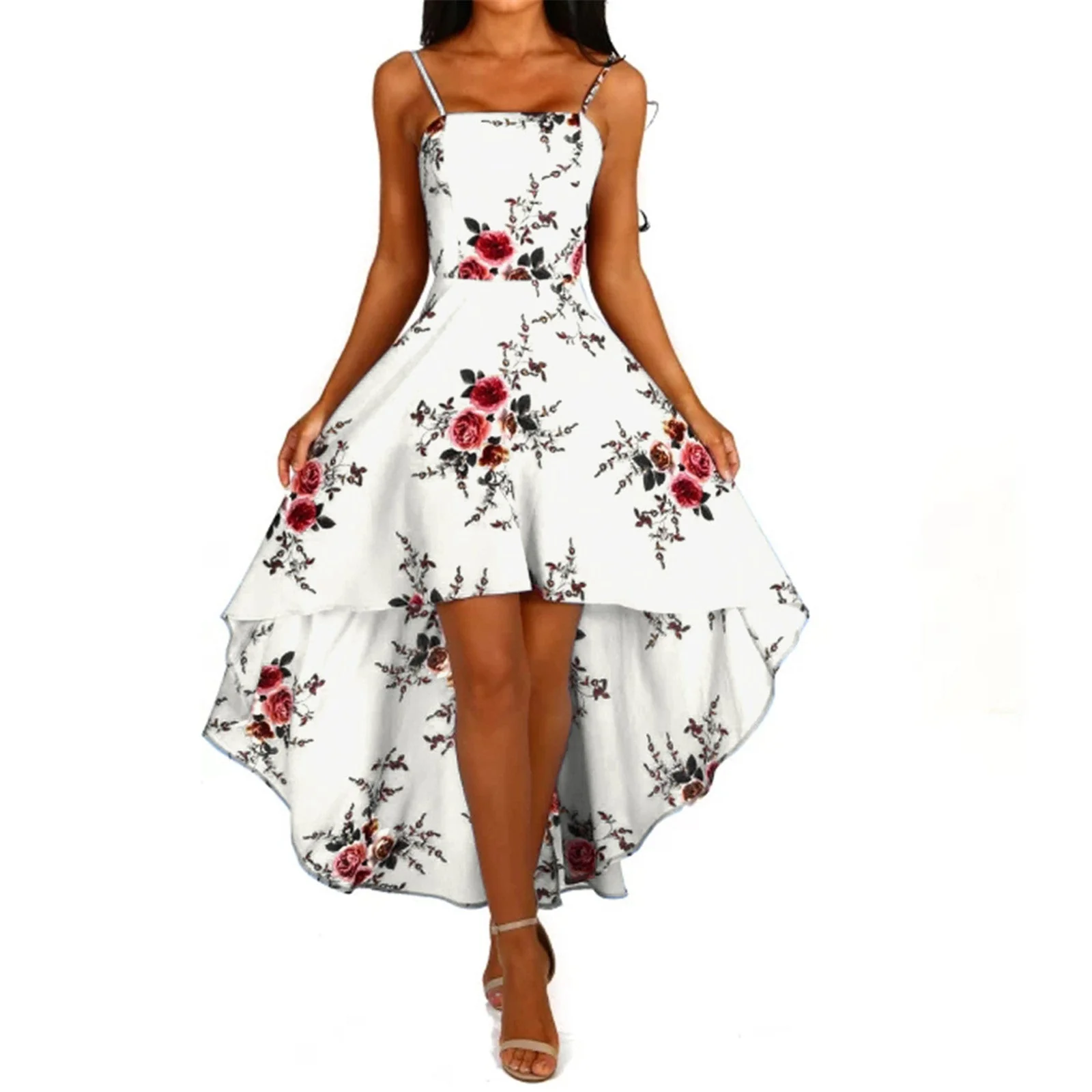 Damen Asymmetrisches Blumenkleid mit Dekorativen Spaghettiträgern und Schwingendem Saum Heidi-Mode - Image 5