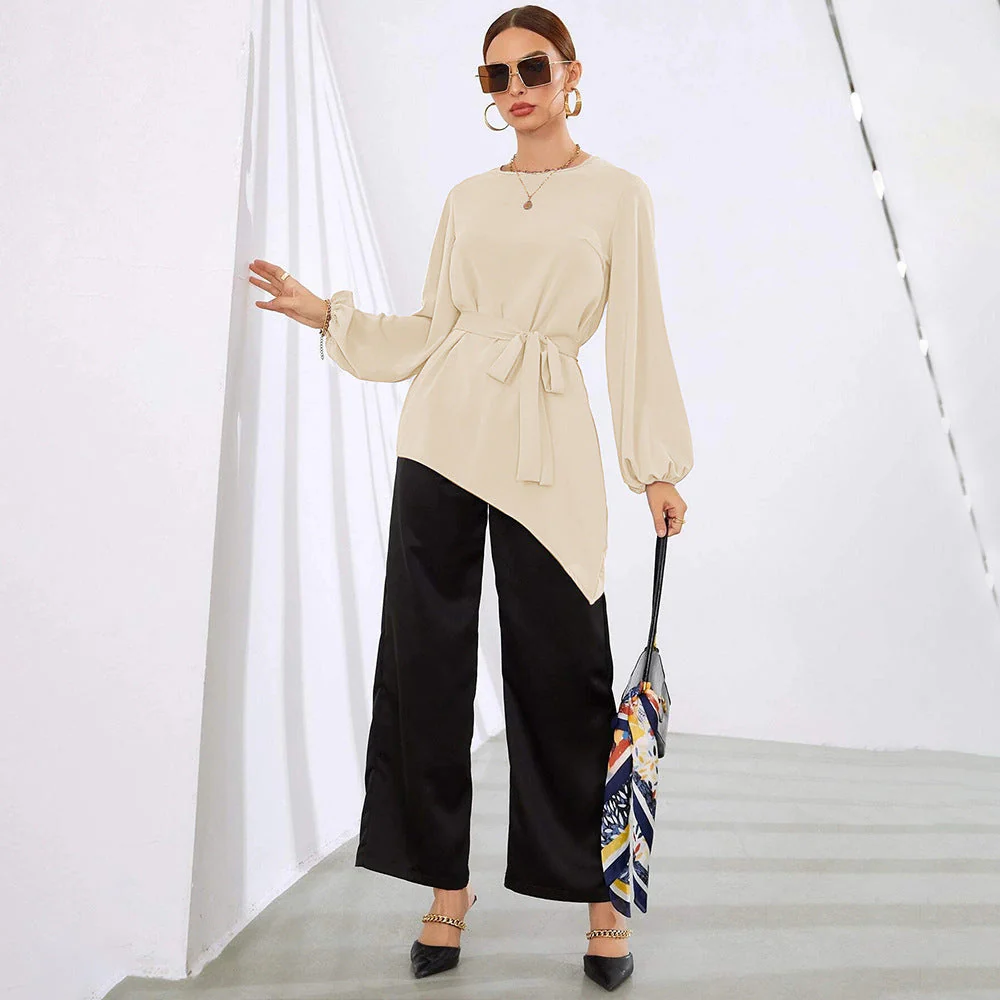 Damen Asymmetrisches Blusenoberteil mit Eleganten Rüschen und Modischem Taillengürtel Heidi-Mode - Image 3