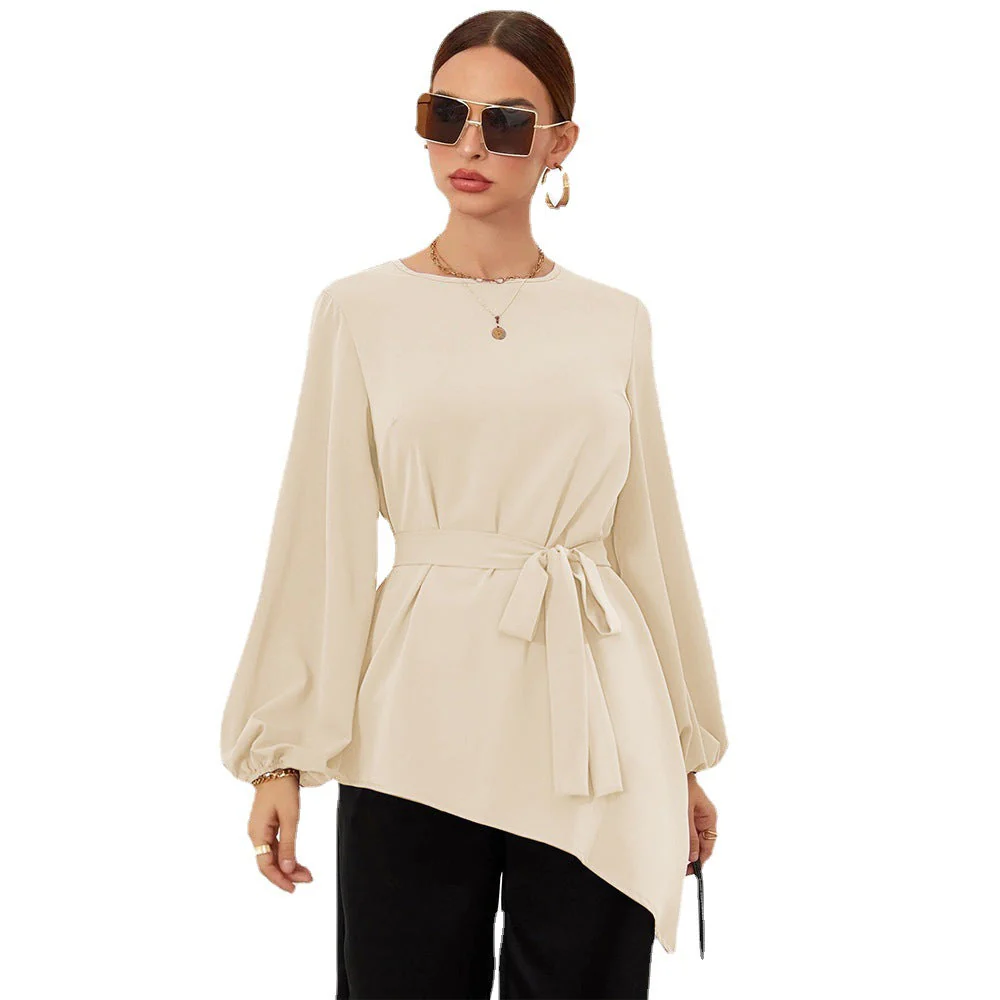 Damen Asymmetrisches Blusenoberteil mit Eleganten Rüschen und Modischem Taillengürtel Heidi-Mode - Image 5