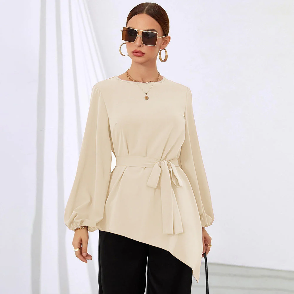 Damen Asymmetrisches Blusenoberteil mit Eleganten Rüschen und Modischem Taillengürtel Heidi-Mode - Image 6