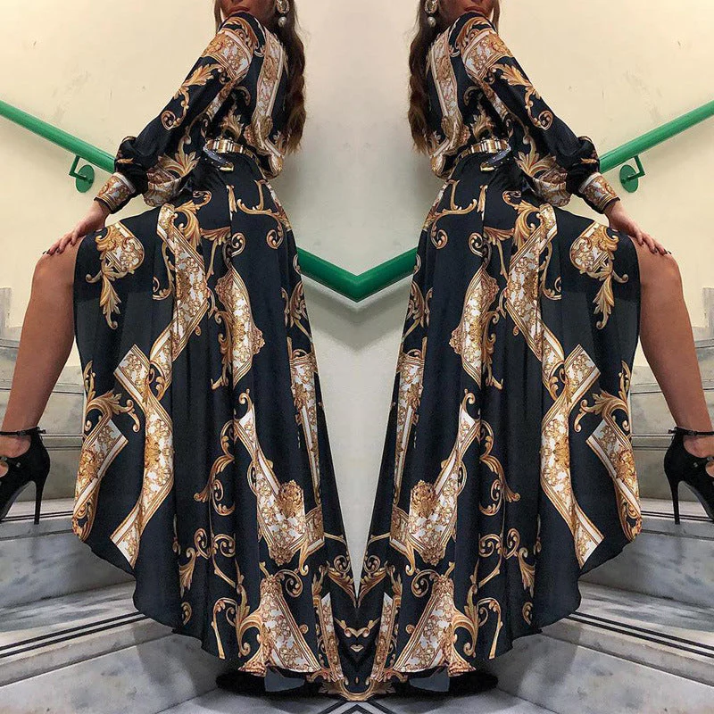 Damen Asymmetrisches Maxikleid mit Elegantem Barockmuster und Tiefem Schlitz Heidi-Mode - Image 2