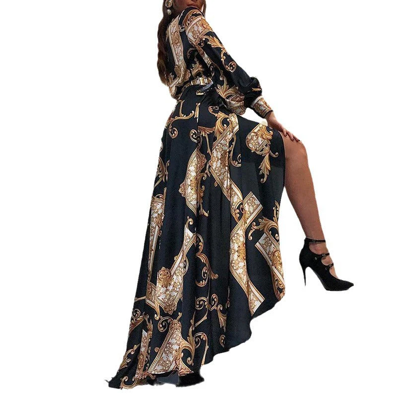 Damen Asymmetrisches Maxikleid mit Elegantem Barockmuster und Tiefem Schlitz Heidi-Mode - Image 5