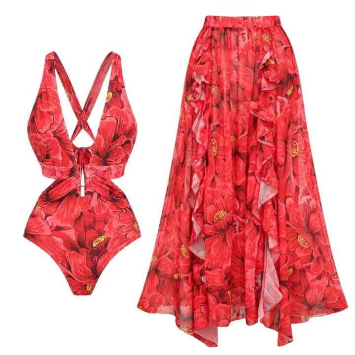 Damen Badeanzug und Maxi-Rock-Set mit Floralen Akzenten und Eleganten Rüschendetails Heidi-Mode - Image 2