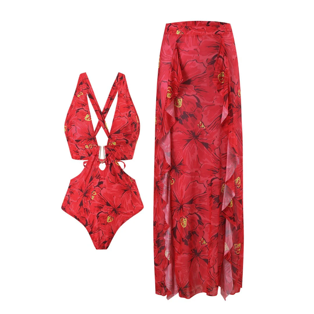Damen Badeanzug und Maxi-Rock-Set mit Floralen Akzenten und Eleganten Rüschendetails Heidi-Mode - Image 3