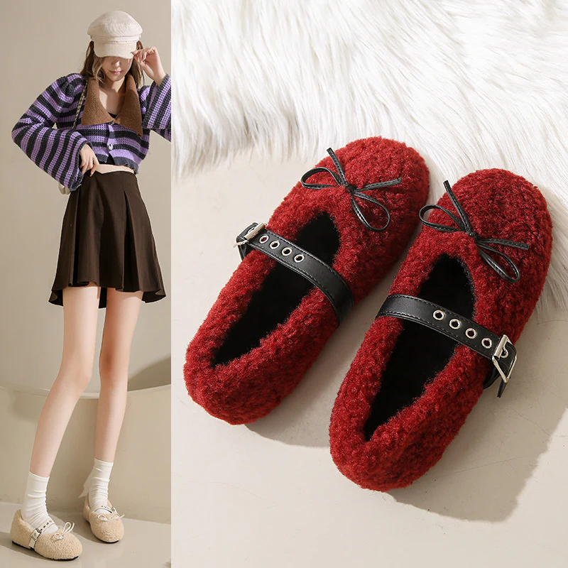 Damen Ballerinas aus kuscheligem Stoff mit verstellbarem Riemen und Schleifen-Applikation Heidi Mode - Image 2