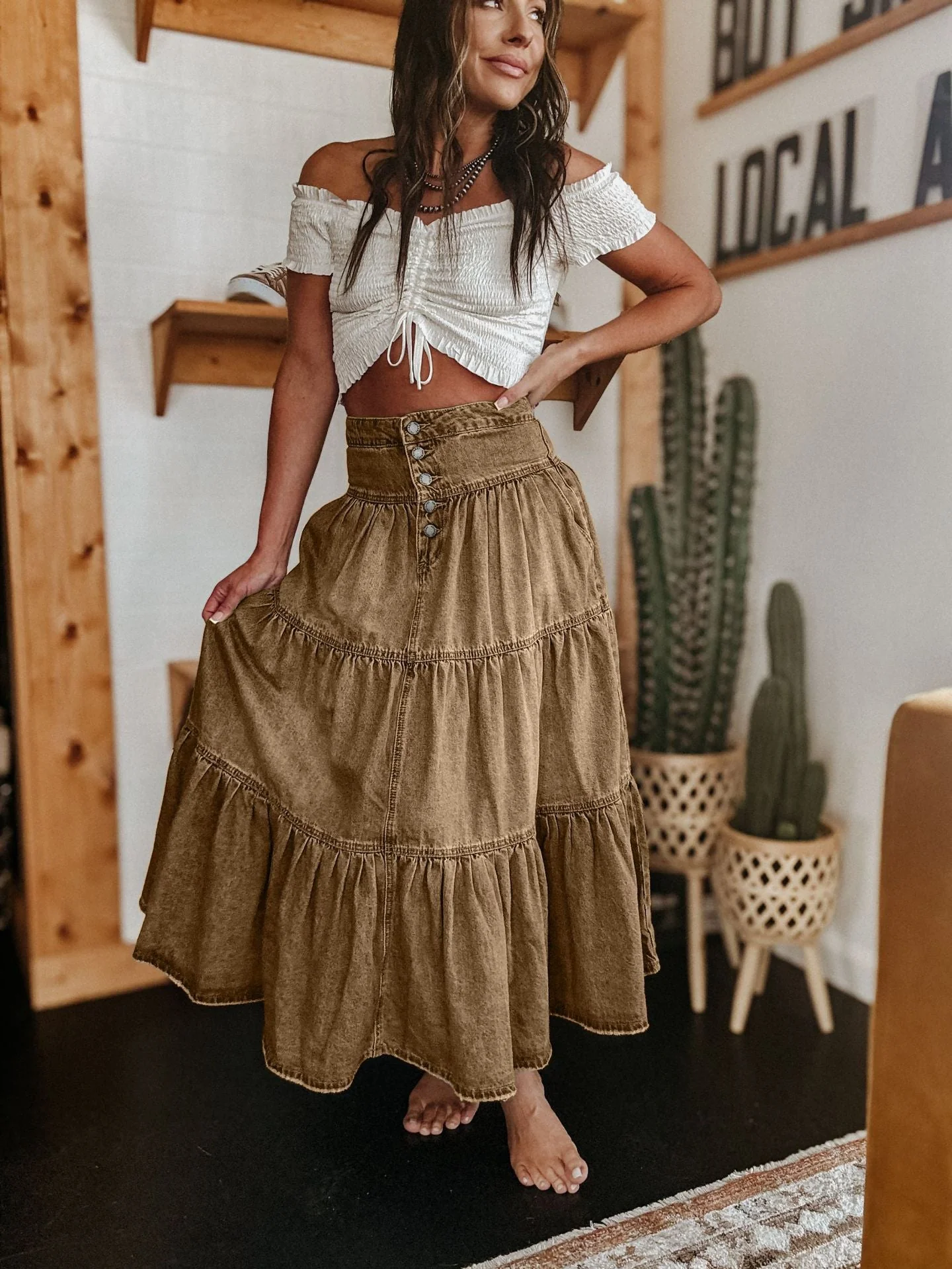 Damen Baumwollrock mit Voluminösem Stufen-Design und Modischem Knopfdetail Heidi-Mode - Image 10