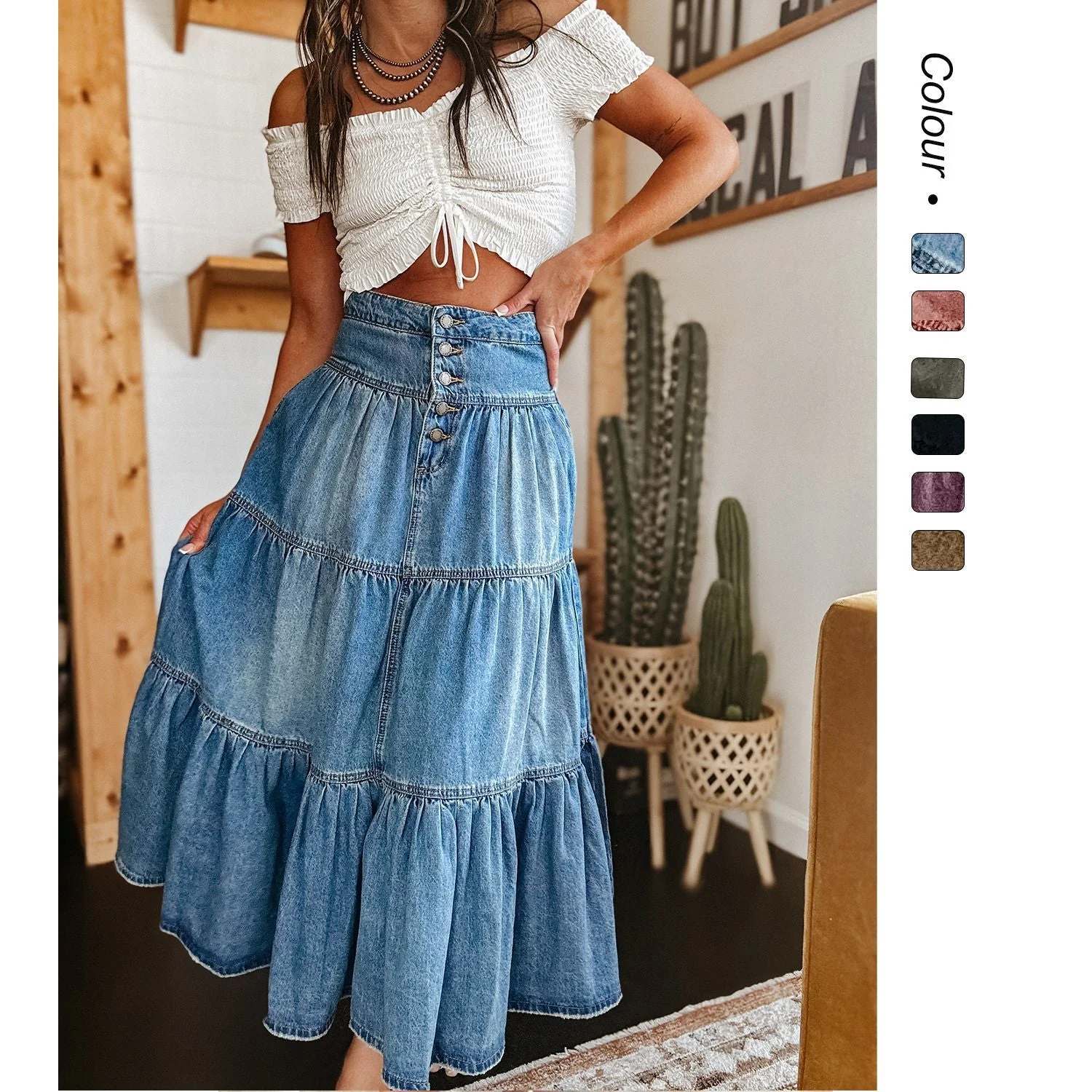 Damen Baumwollrock mit Voluminösem Stufen-Design und Modischem Knopfdetail Heidi-Mode - Image 2