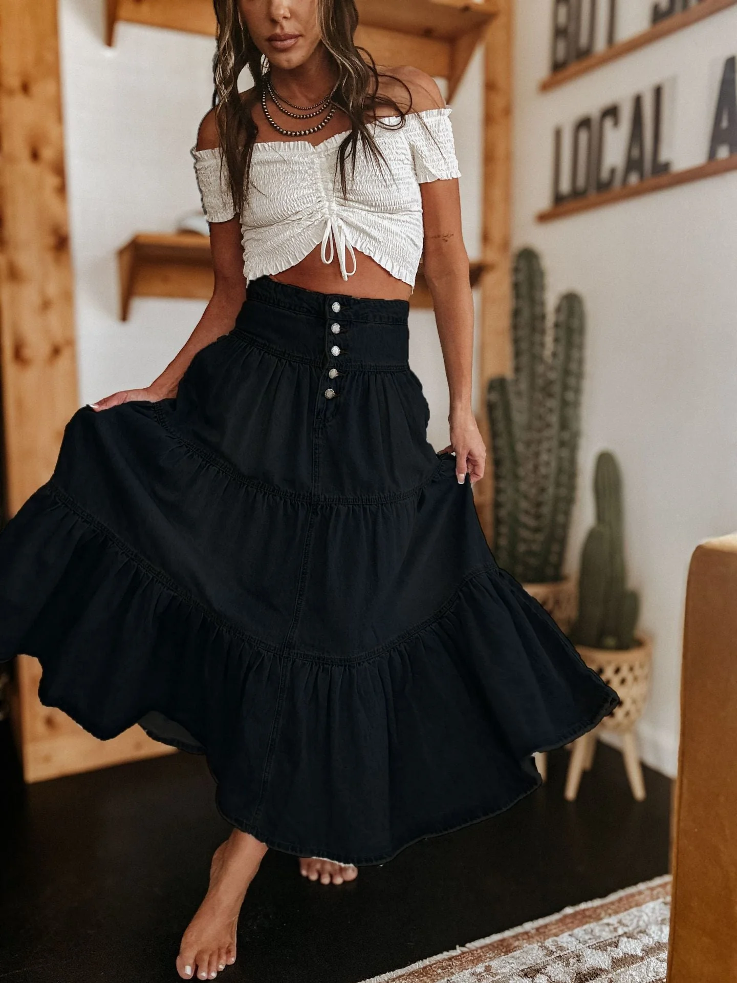 Damen Baumwollrock mit Voluminösem Stufen-Design und Modischem Knopfdetail Heidi-Mode - Image 6