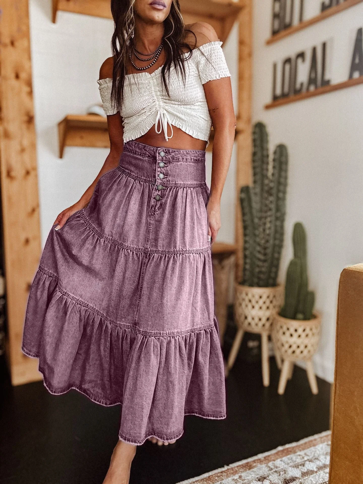 Damen Baumwollrock mit Voluminösem Stufen-Design und Modischem Knopfdetail Heidi-Mode - Image 7