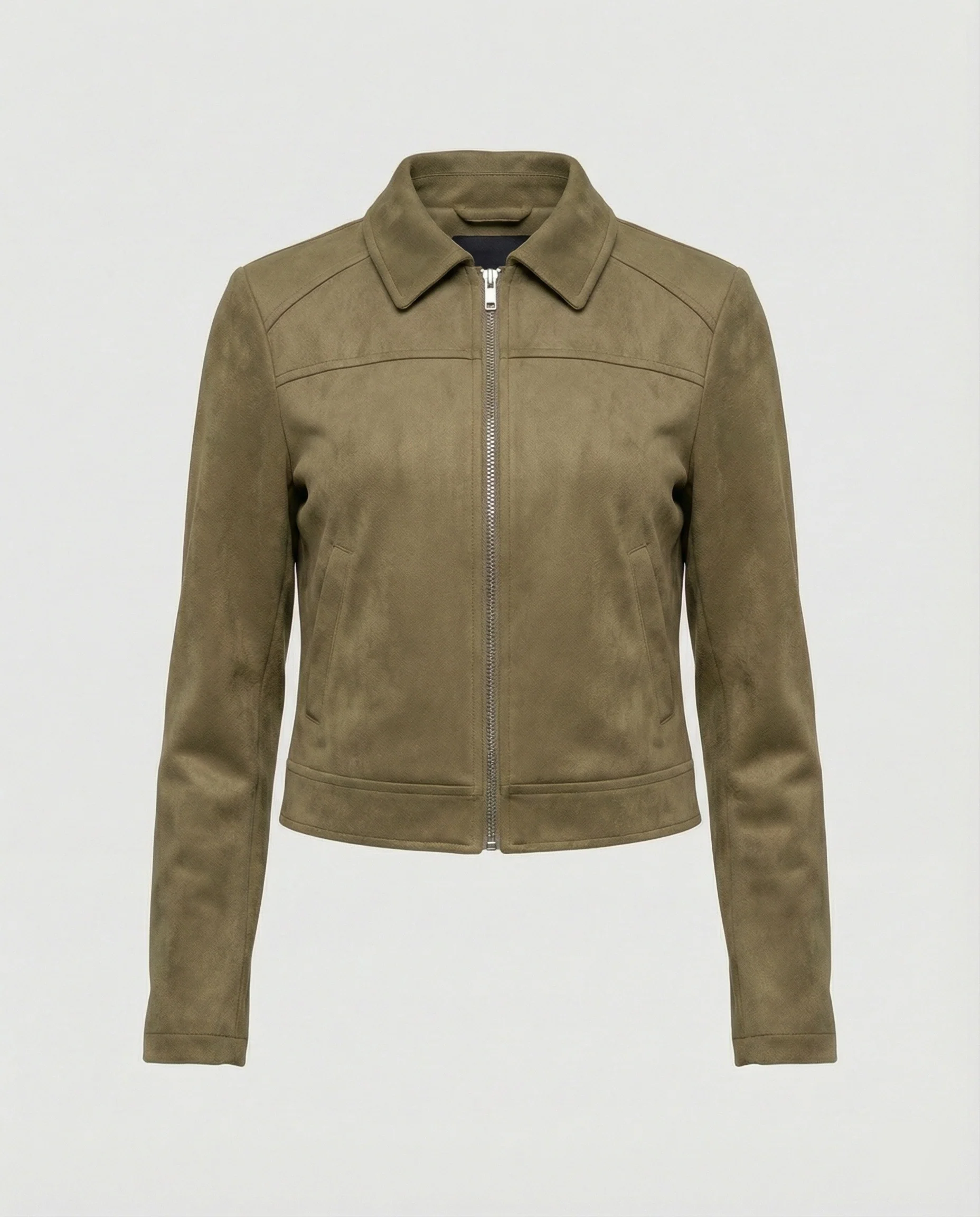 Damen Bekleidungsgeschäft kurz geschnittene Reißverschlussjacke mit Hemdkragen und taillierter Silhouette aus Wildlederimitat Heidi-Mode - Image 6