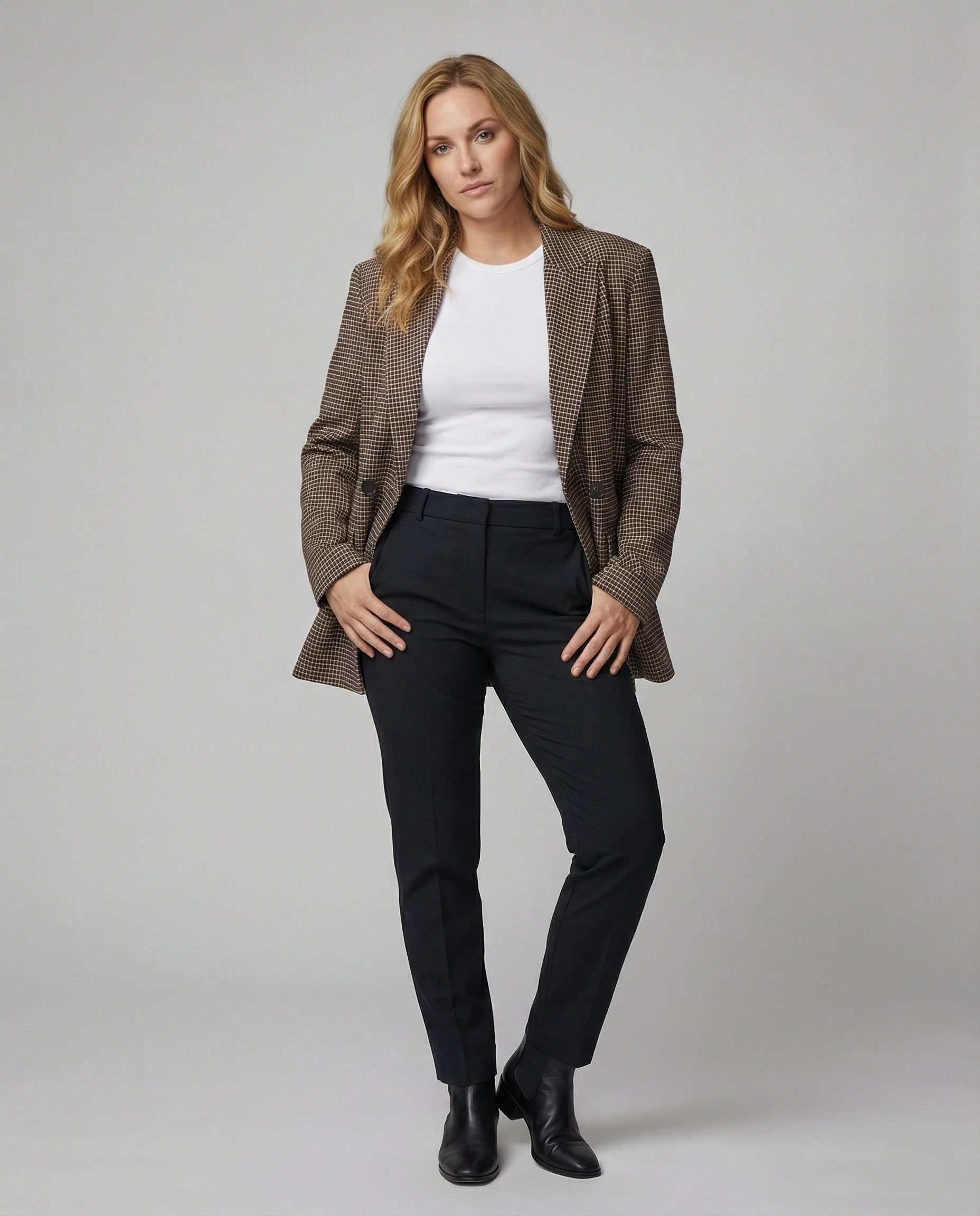 Damen Blazer Kariert Zweireihig Locker Geschnitten Braun - Image 3