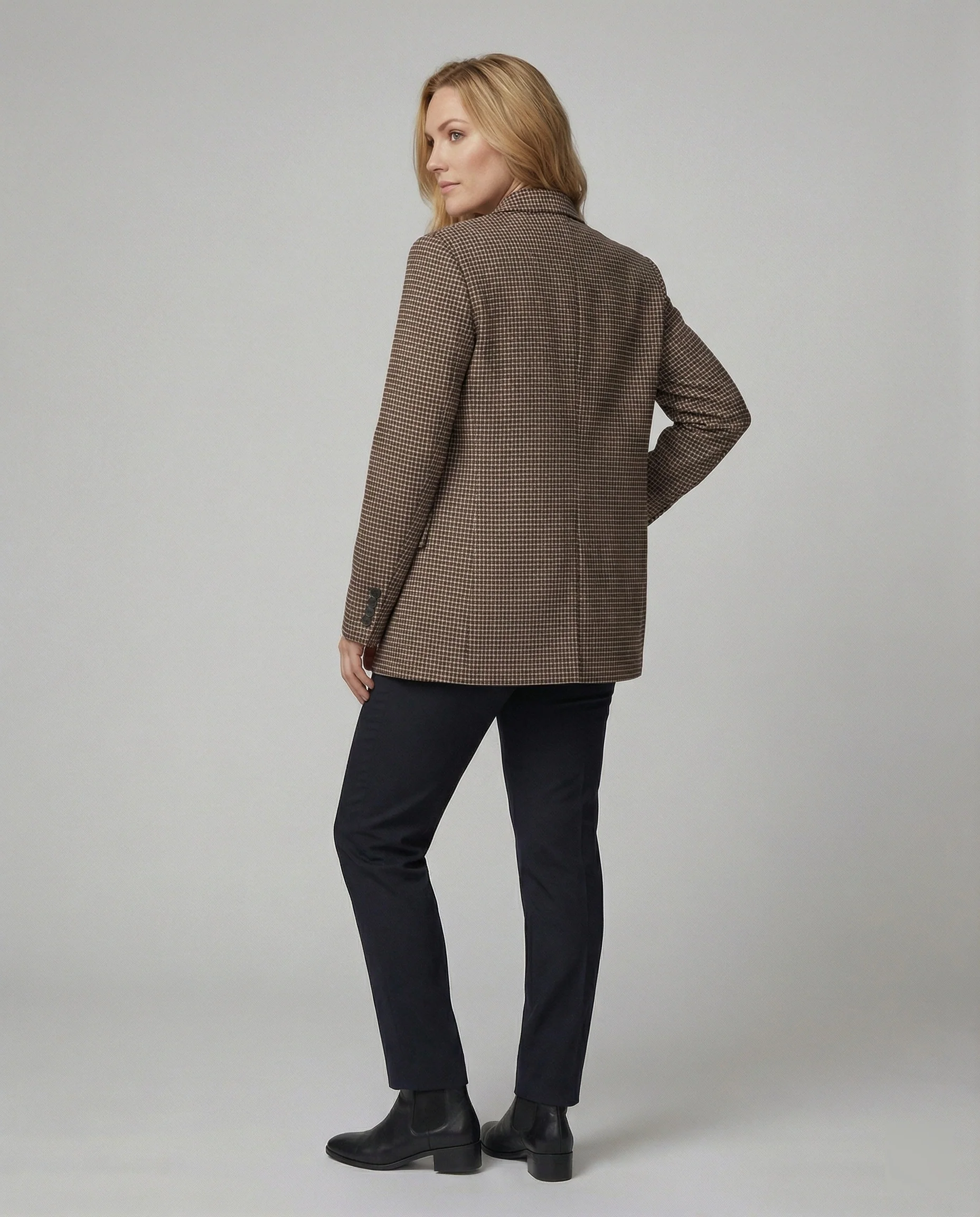 Damen Blazer Kariert Zweireihig Locker Geschnitten Braun - Image 4