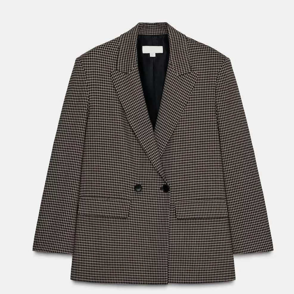 Damen Blazer Kariert Zweireihig Locker Geschnitten Braun - Image 5