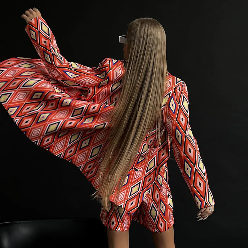 Damen Blazer und Shorts Set mit Geometrischem Muster und Taillierbarem Gürtel Heidi-Mode - Image 4