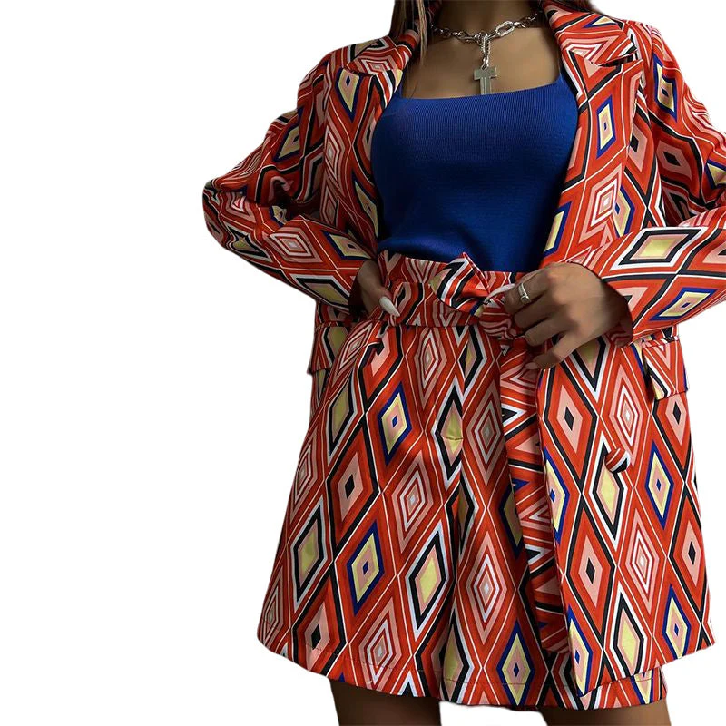 Damen Blazer und Shorts Set mit Geometrischem Muster und Taillierbarem Gürtel Heidi-Mode - Image 5