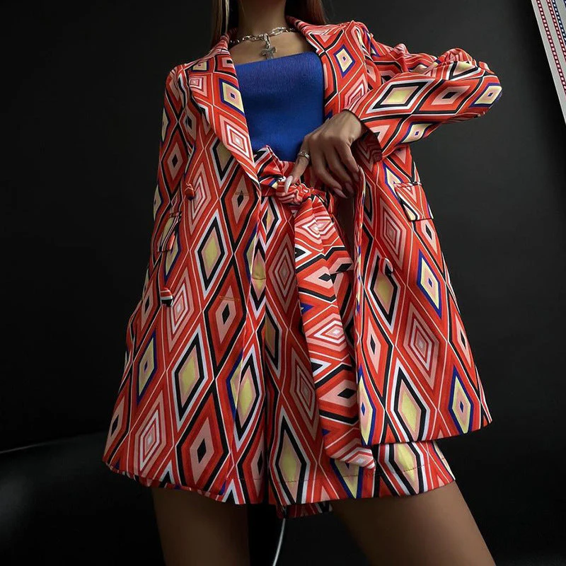 Damen Blazer und Shorts Set mit Geometrischem Muster und Taillierbarem Gürtel Heidi-Mode - Image 6