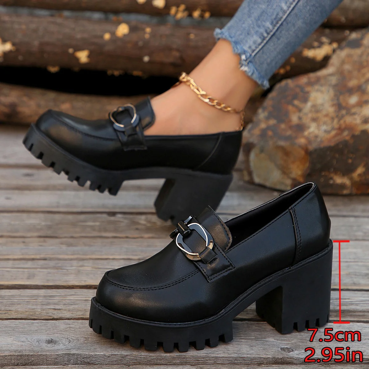 Damen Blockabsatz-Schuhe mit markanter Sohle und modischen Schnallen Heidi Mode - Image 6