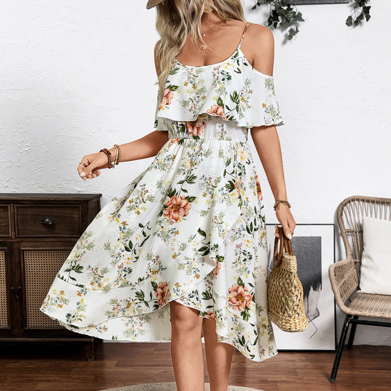 Damen Blume Dekolleté Kleid mit Schwingendem Saum und Lockerem Schnitt Heidi-Mode - Image 3