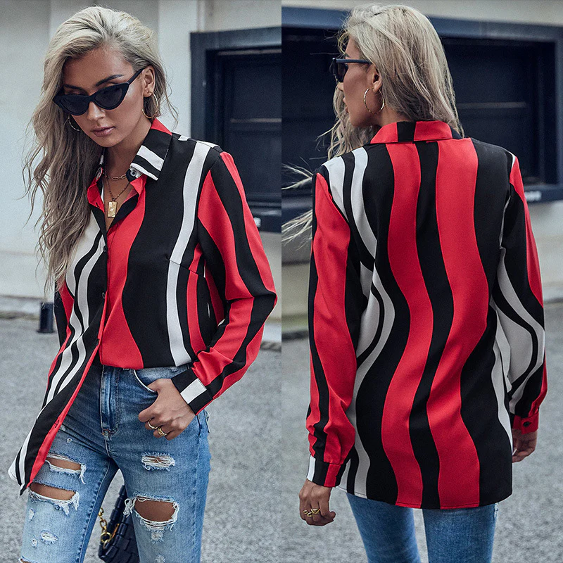 Damen Bluse im modernen Wellenmuster mit knöpfbarer Front und langen Ärmeln Heidi-Mode - Image 2