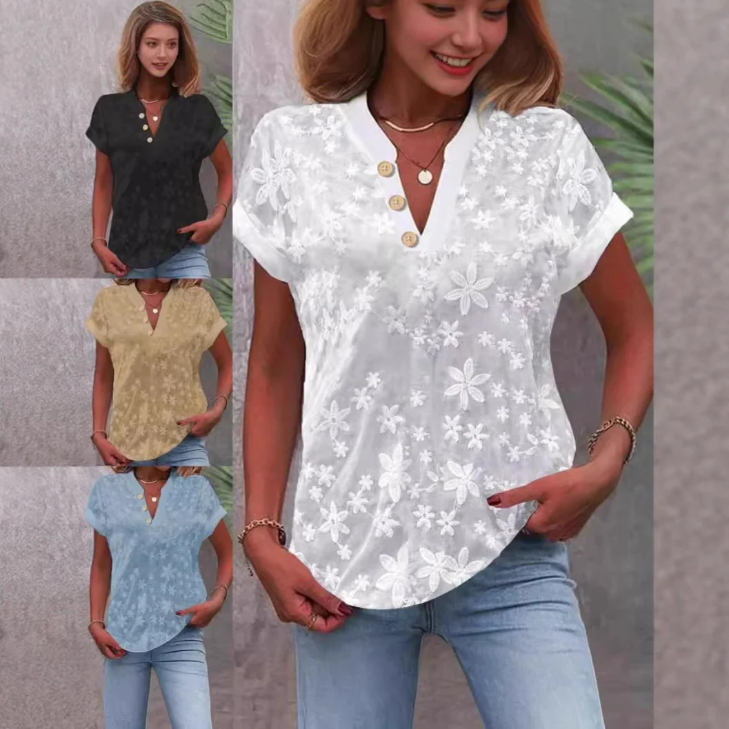 Damen Bluse mit floralem Stickmuster und klassischem V-Ausschnitt Heidi-Mode - Image 3