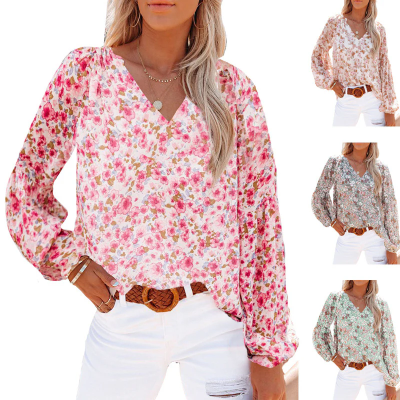 Damen Bluse mit floralen Mustern und V-Ausschnitt Heidi-Mode