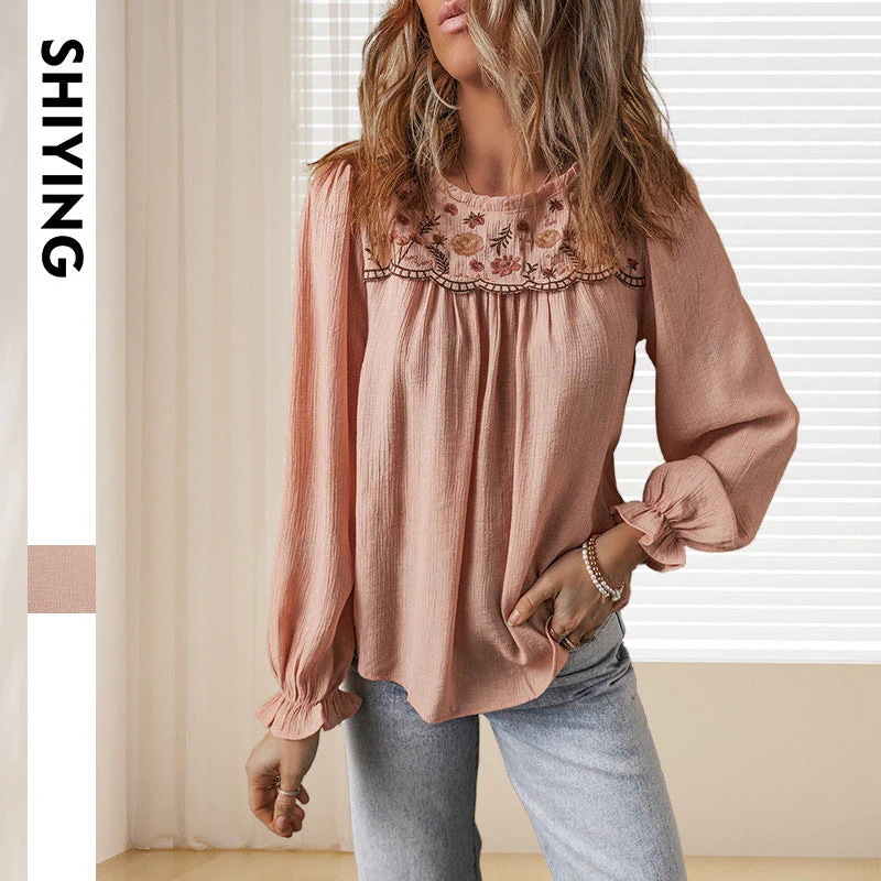 Damen Bluse mit Kunstvoller Stickerei und Lässigem Schnitt Heidi-Mode