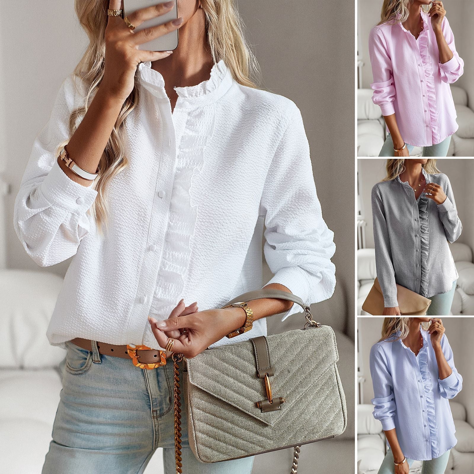 Damen Bluse mit Rüschendetails und Stehkragen Heidi-Mode
