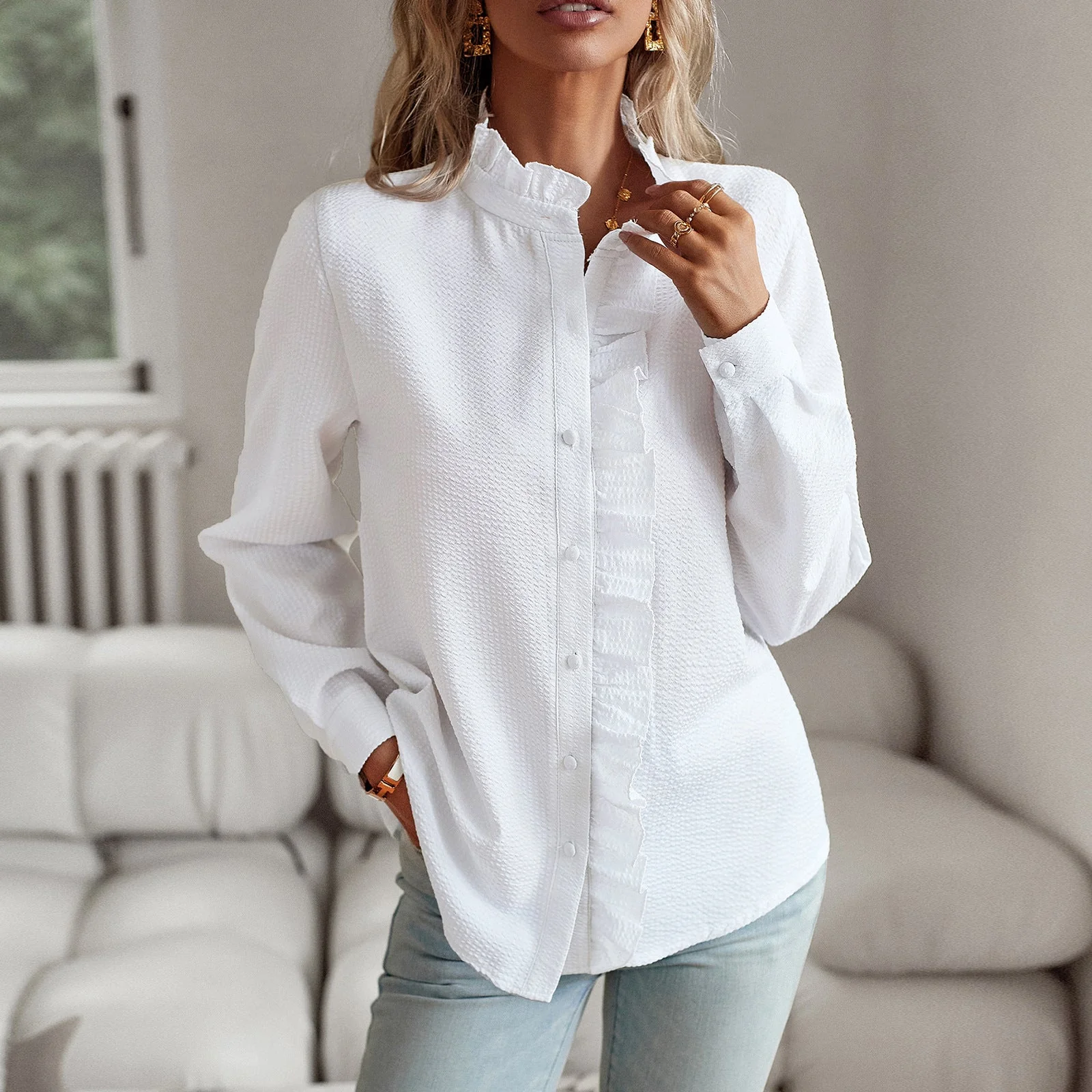 Damen Bluse mit Rüschendetails und Stehkragen Heidi-Mode - Image 4