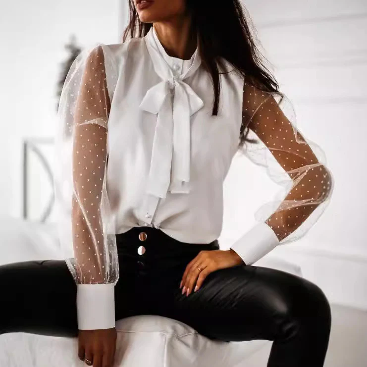 Damen Bluse mit transparenten Puffärmeln und filigranem Schleifen-Detail Heidi-Mode - Image 3
