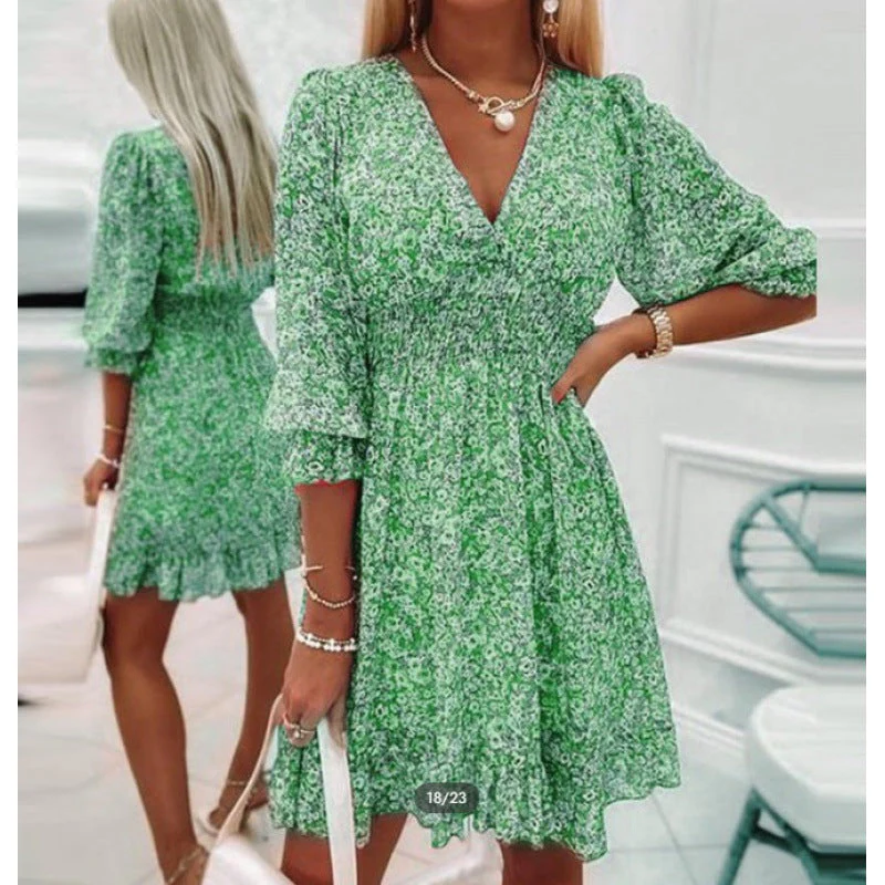 Damen Blusenkleid Im Romantischen Floral-Design mit V-Ausschnitt und Rüschenärmeln Heidi-Mode - Image 4