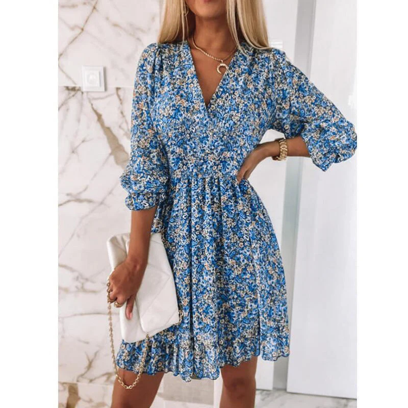 Damen Blusenkleid Im Romantischen Floral-Design mit V-Ausschnitt und Rüschenärmeln Heidi-Mode - Image 5