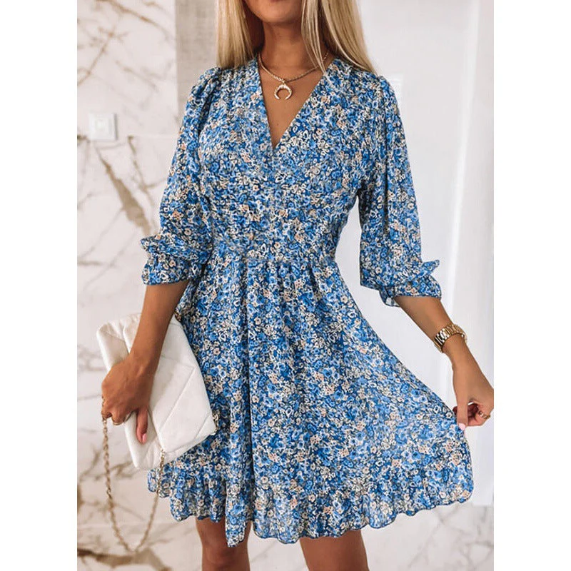 Damen Blusenkleid Im Romantischen Floral-Design mit V-Ausschnitt und Rüschenärmeln Heidi-Mode - Image 6
