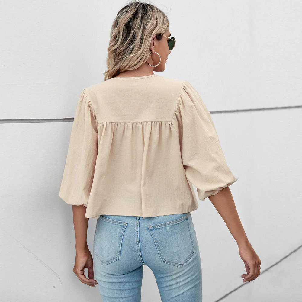 Damen Blusenshirt mit Eleganten Puffärmeln und Schickem Kordelzug Heidi-Mode - Image 2