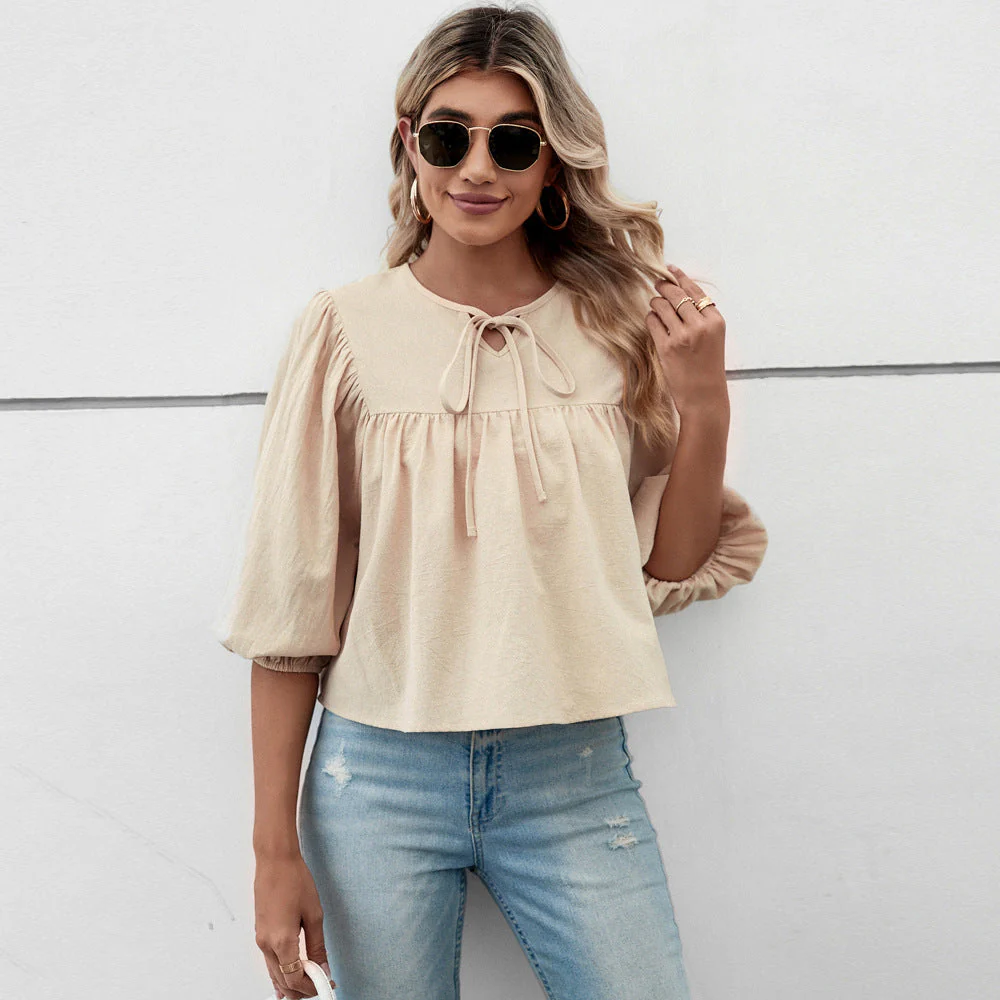 Damen Blusenshirt mit Eleganten Puffärmeln und Schickem Kordelzug Heidi-Mode - Image 6