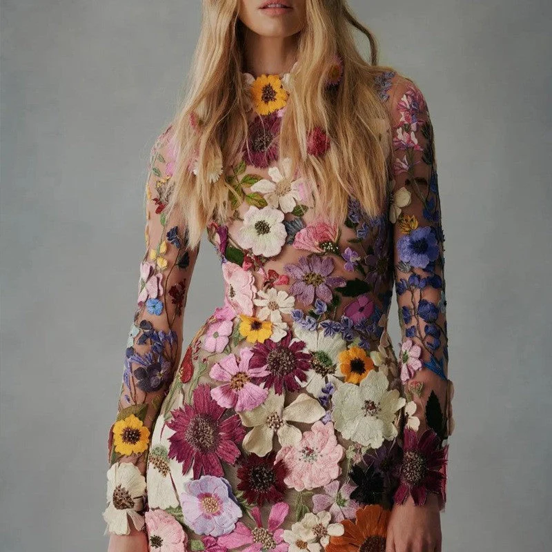 Damen Blütenbesticktes Minikleid mit Transparenten Ärmeln Heidi-Mode - Image 4