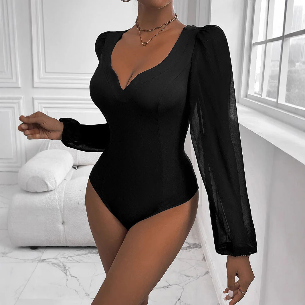 Damen Body mit Tiefem V-Ausschnitt und Transparenten Puffärmeln Heidi-Mode - Image 3
