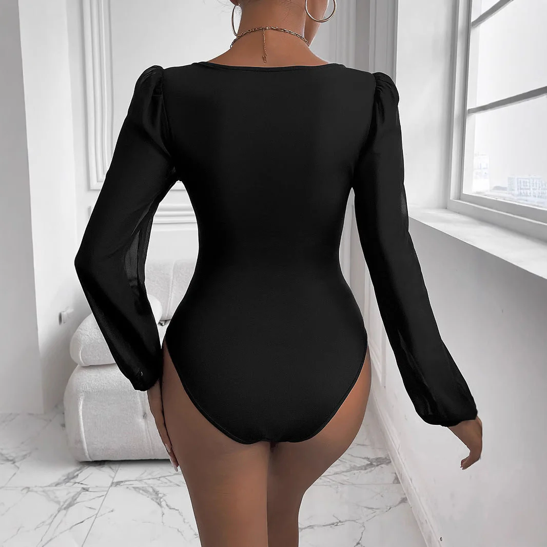 Damen Body mit Tiefem V-Ausschnitt und Transparenten Puffärmeln Heidi-Mode - Image 4