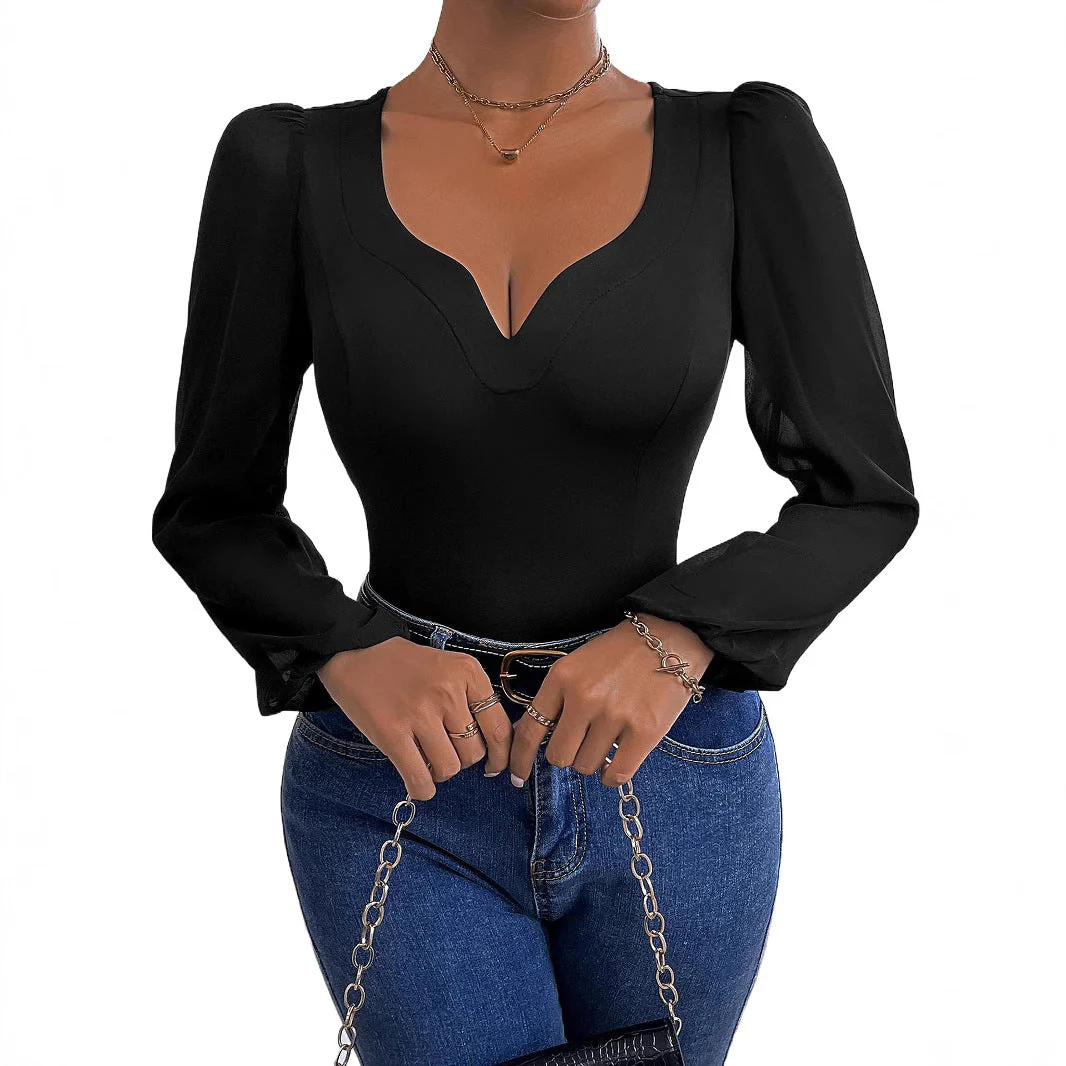 Damen Body mit Tiefem V-Ausschnitt und Transparenten Puffärmeln Heidi-Mode - Image 5