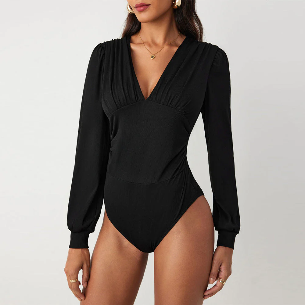 Damen Bodysuit mit Eleganten Puffärmeln und Tiefem V-Ausschnitt Heidi-Mode - Image 2