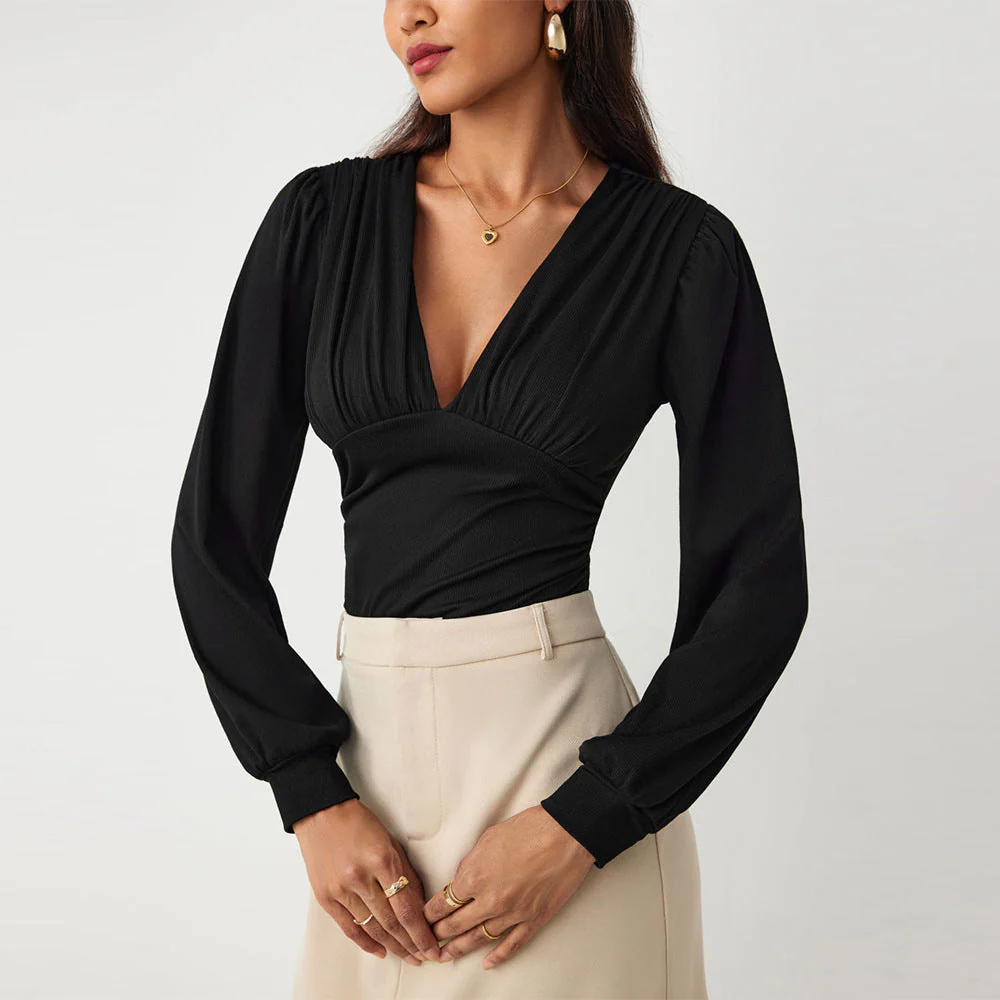 Damen Bodysuit mit Eleganten Puffärmeln und Tiefem V-Ausschnitt Heidi-Mode - Image 3