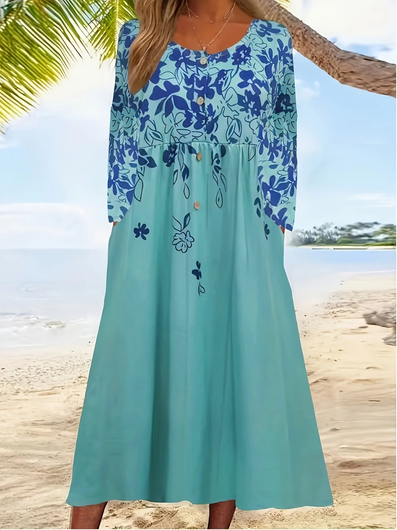 Damen Boho Maxikleid mit Floralem Print und Knöpfbarem Oberteil Heidi-Mode - Image 7