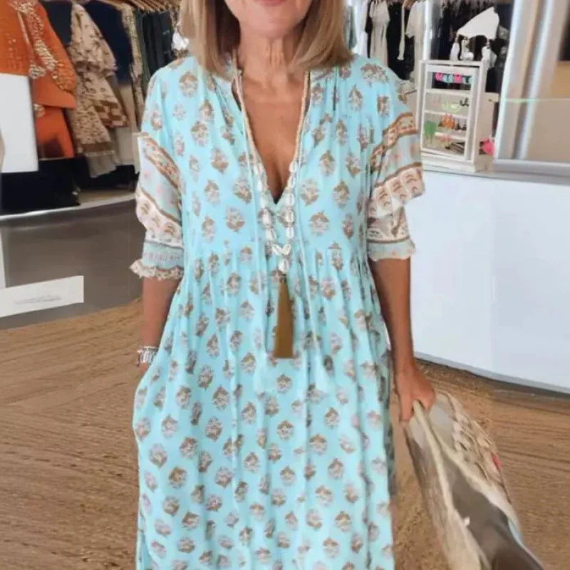 Damen Boho-Stil Kleid mit geflochtener Schnürung und handgefertigten Details Heidi-Mode - Image 7