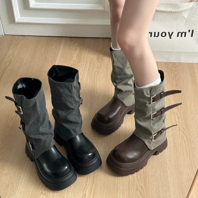 Damen Boots mit modischer Schnallenverzierung und robustem Plateau-Heel Heidi Mode - Image 3