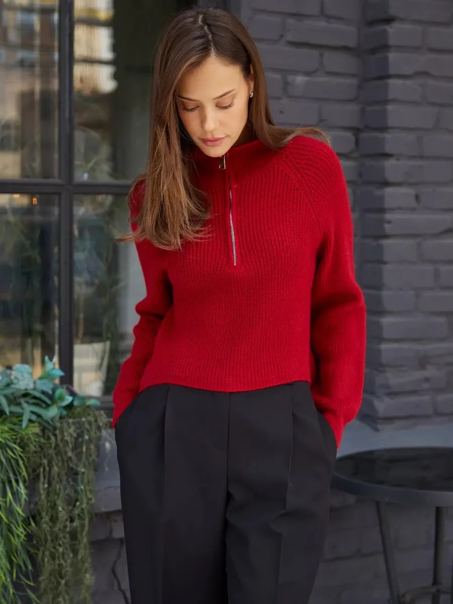 Damen Cozy Pullover mit Kragen und Reißverschluss Heidi-Mode - Image 8