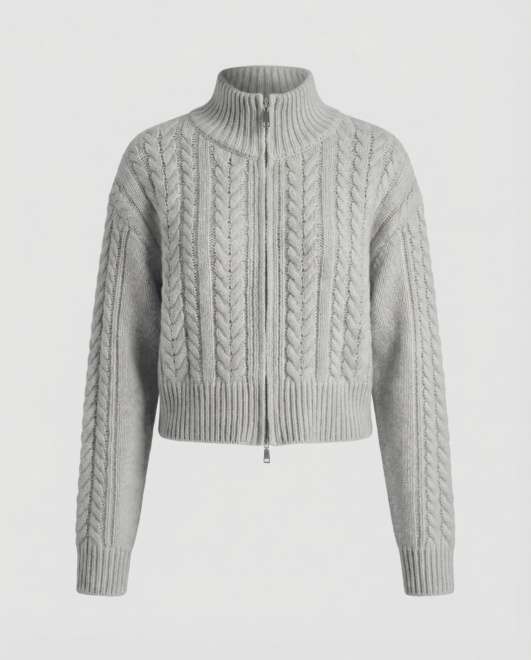 Damen Cropped-Strickblouson in Kabelstruktur mit Stehkragen und Zweiwege-Reißverschluss Heidi-Mode - Image 6